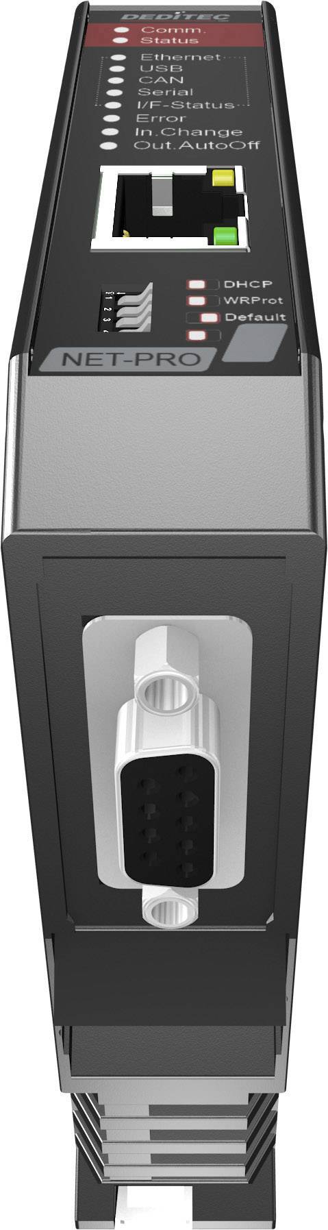 'NET-PRO' Ethernet interface device with multiple status LEDs and ports. Shows status indicators for connection and activity.