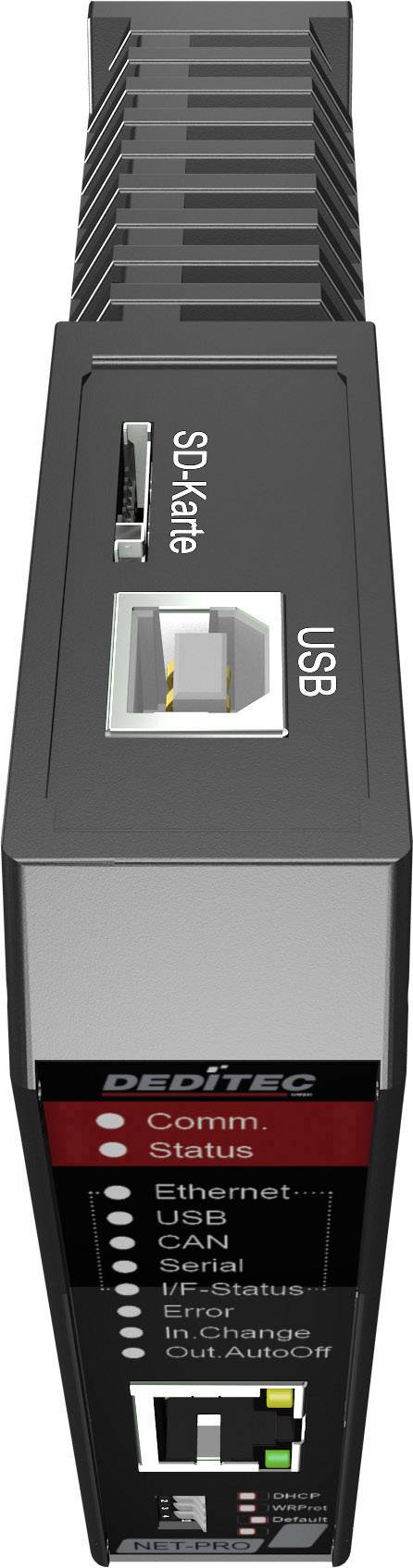 A rectangular device with USB and SD card interfaces. The front panel displays status indicators for communication, USB, CAN, and serial connection.