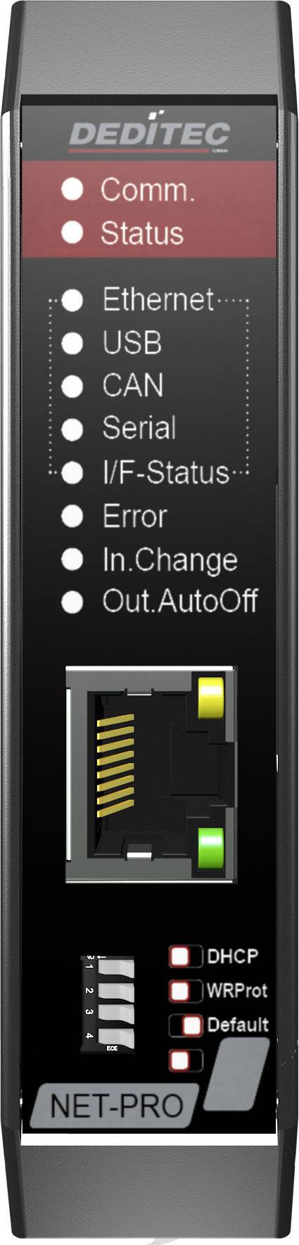 'Network module with status indicators: Comm., Ethernet, USB, CAN, Serial, Error, Status Change, Auto-Off Output. LEDs and Ethernet port visible.'