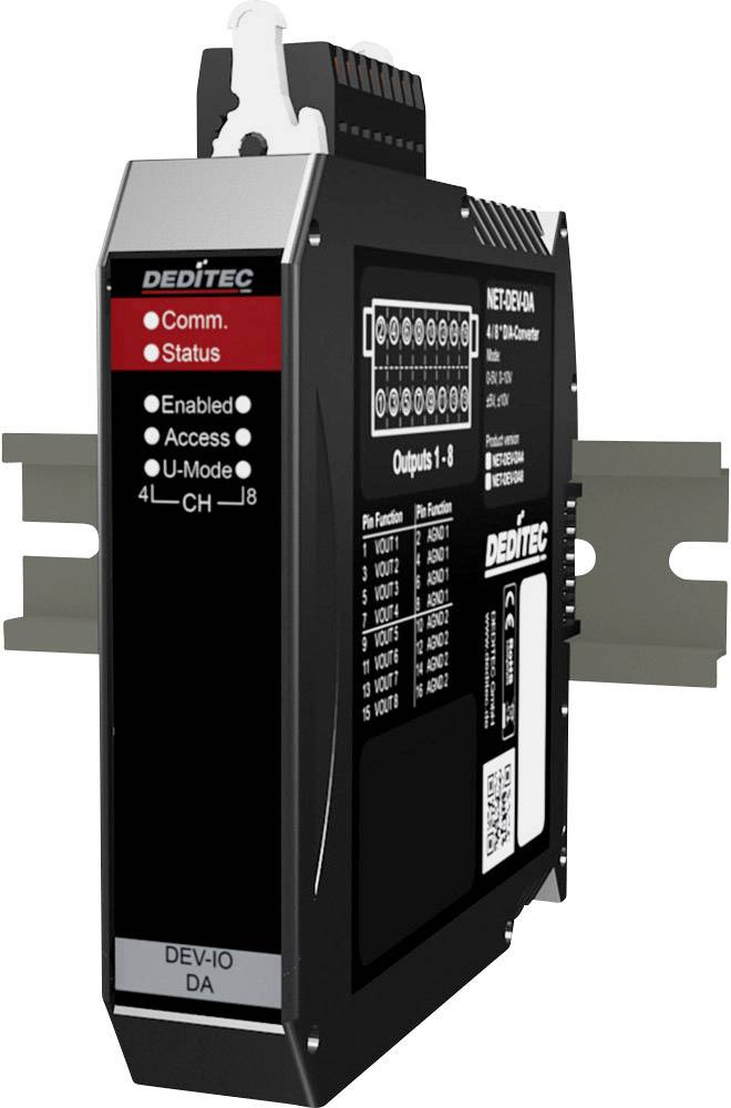 Electronic component with 'Comm. Status' labelling, indicating operational status. Mounted on DIN rail, suitable for industrial applications.
