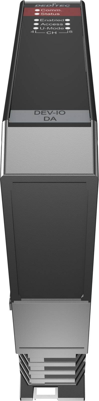 A slim, black audio converter with multiple connections and the label 'DEVIO DA' on the top surface.