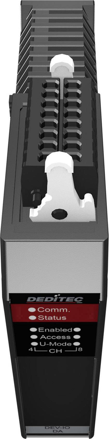 Electronic module with indicator lights for 'Comm' and 'Status'. Inscription: 'DEDITEC', alongside activation and status indicators.