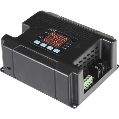 Electronic device with display, showing '46.88 V' and '0.235 A', black plastic casing, green connection terminals, labelled 'DOK'.