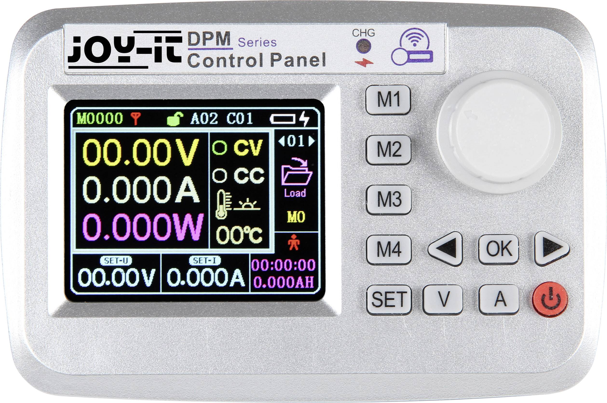 Digital control panel on metal casing displays voltage, current, and power. Contains buttons M1-M4, Set, OK, Up/Down for control.