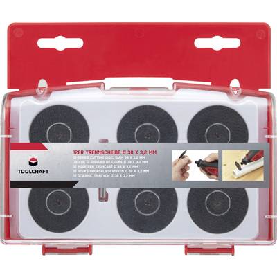 'Set of 12 cutting discs by TOOLCRAFT, Ø 38 x 3.2 mm suitable for Dremel tools. Application images show usage with hand tool.'