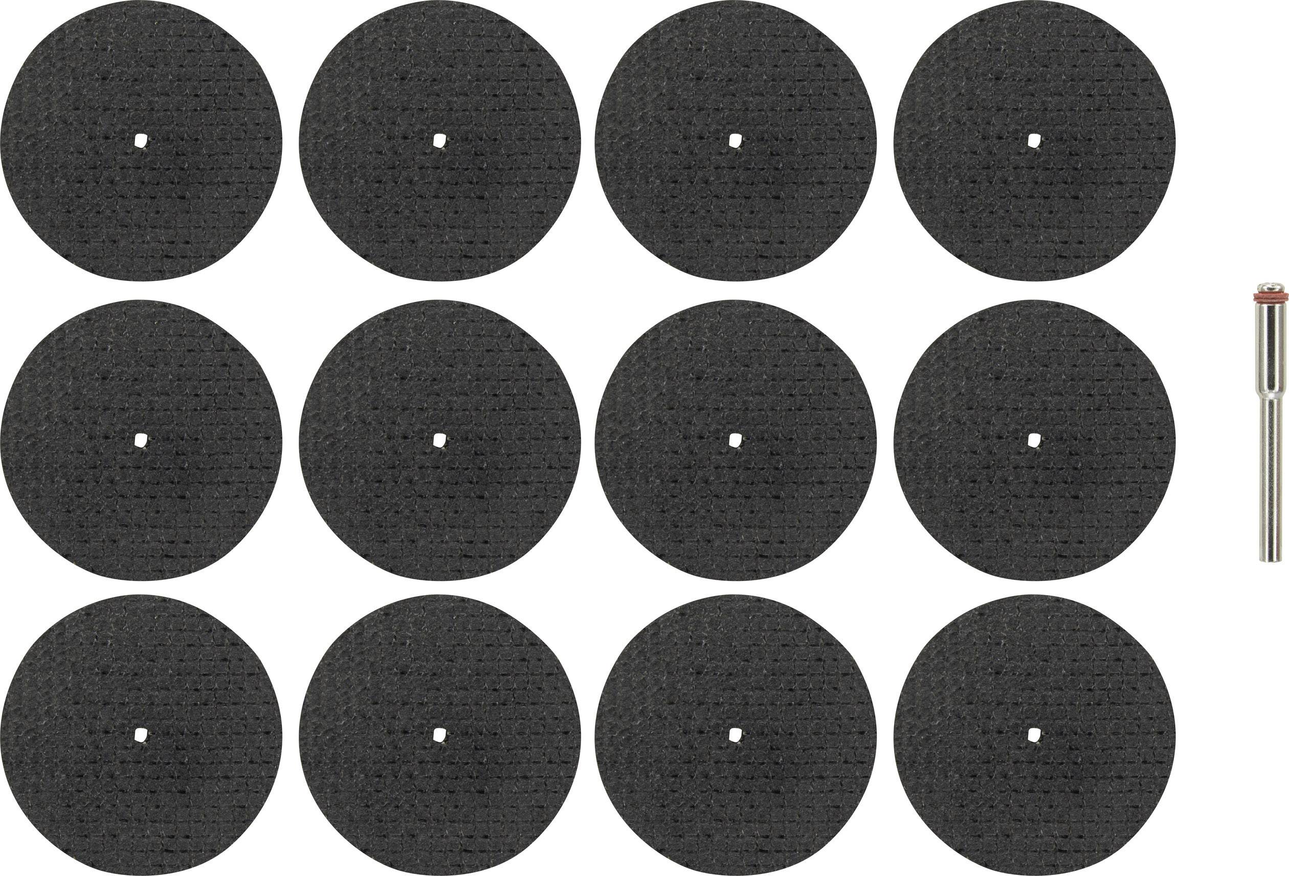 Twelve black cutting discs and a metal drill bit on a white background.