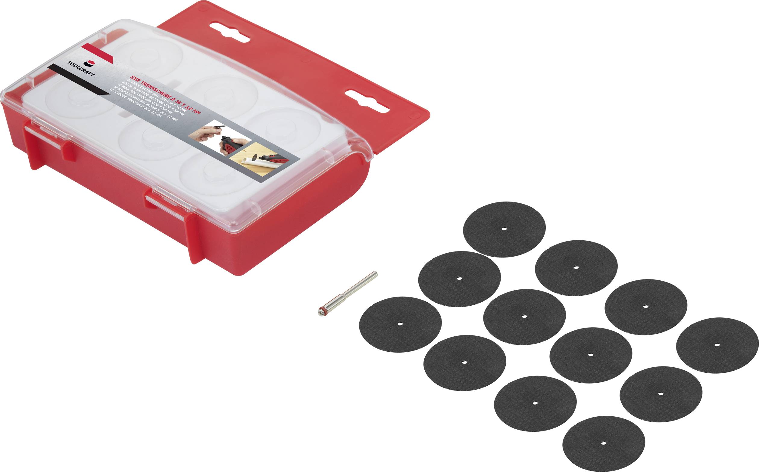Red plastic case with transparent cover, containing round grinding discs and a metal pin.