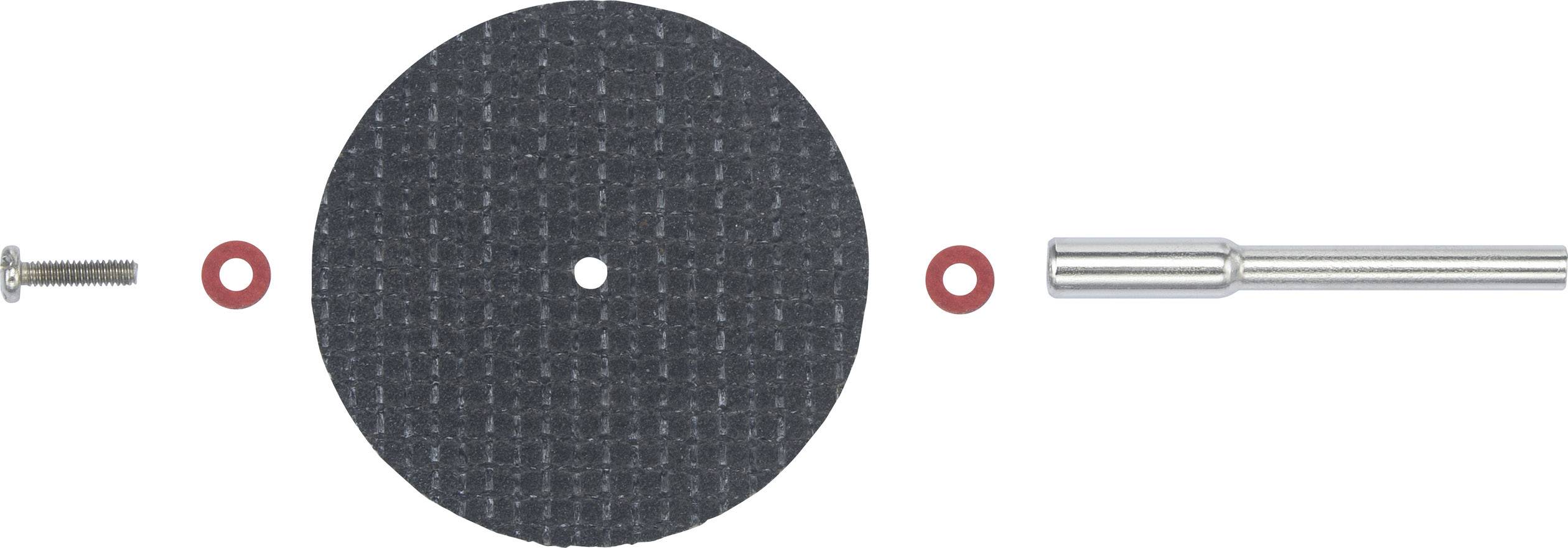 Grinding wheel with cutting disc adapter, consisting of a circular grinding wheel, spacer rings, and a metal rod.