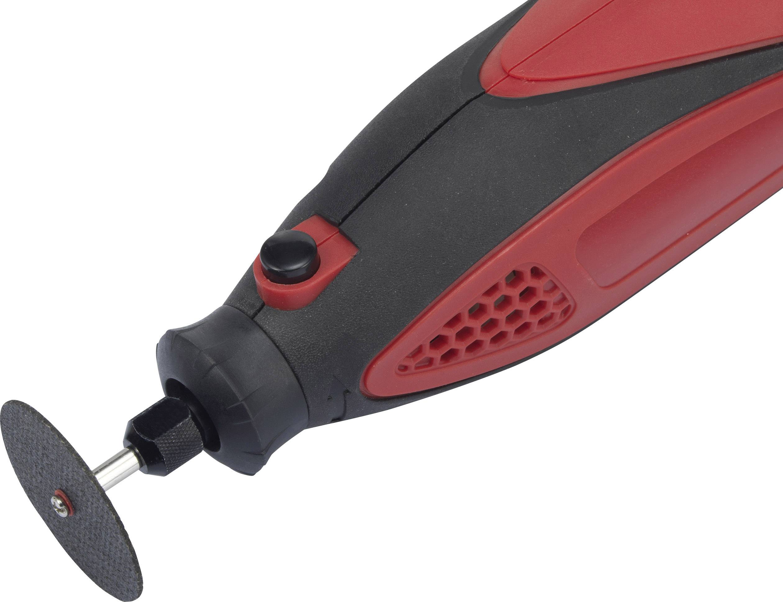 A red and black electric grinding tool with a circular grinding attachment, suitable for intricate work.