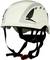 White safety helmet with black ventilation openings and adjustable chin strap. Suitable for construction and safety applications.