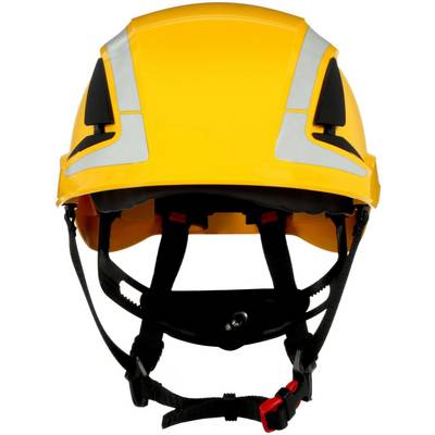 A yellow safety helmet with reflective strips. Suitable for construction work and provides protection against injuries.