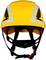A yellow safety helmet with reflective strips. Suitable for construction work and provides protection against injuries.