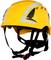 Yellow safety helmet with black and silver details, fitted with an adjustable chin strap for safety and comfort.