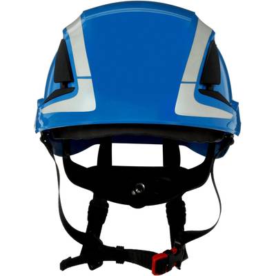 Blue protective helmet with black straps and silver stripes, shown front-facing. Helmet provides protection for head and face.