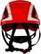 A red safety helmet with reflective strips and a black chin strap, suitable for construction sites or workplace protection.