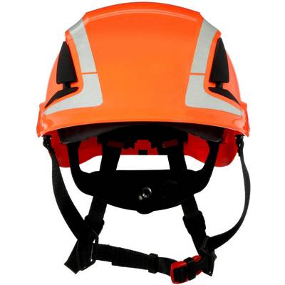 A bright orange safety helmet with reflective strips and an adjustable chin strap.