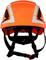 A bright orange safety helmet with reflective strips and an adjustable chin strap.