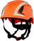 An orange safety helmet with reflective strips and an adjustable chin strap.