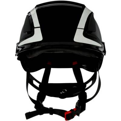 A black safety helmet with white reflective stripes and an adjustable chin strap, photographed from the front.