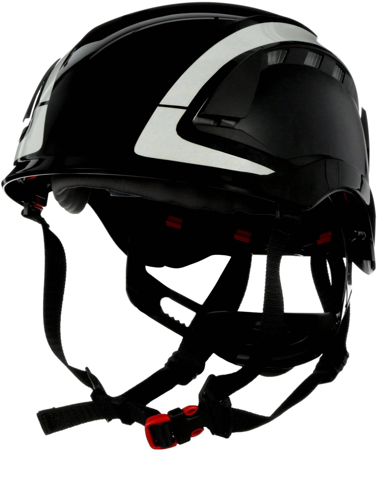 A black and white bicycle helmet with an adjustable chin strap and reflective elements, providing protection when cycling.