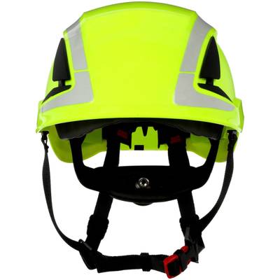 A bright yellow safety helmet with reflective stripes and a black chin strap, viewed from the front.