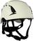 White safety helmet with black chin strap and side ventilation slots, suitable for workplace protection.