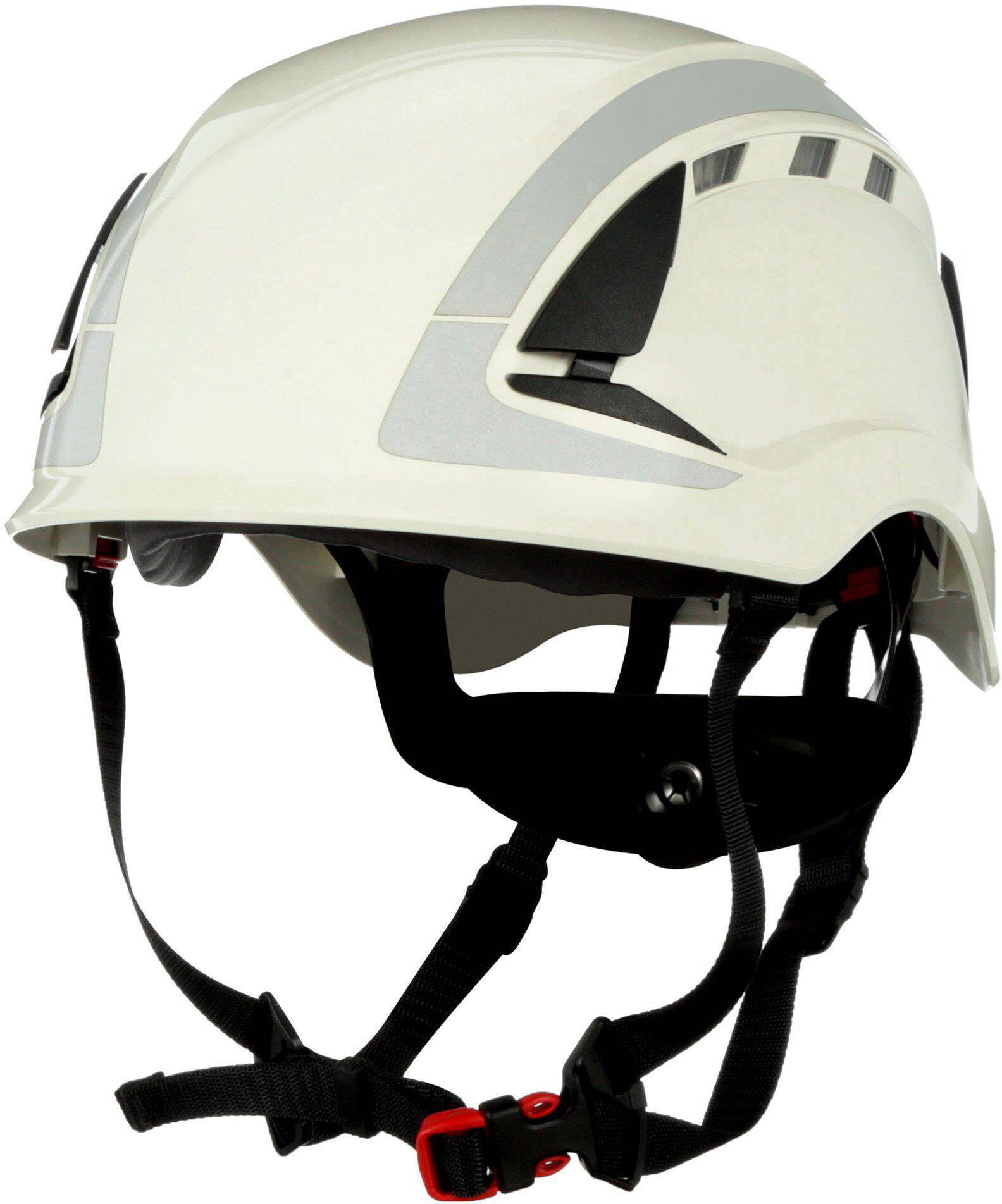 A white safety helmet with black straps and grey accents, suitable for construction or outdoor activities to protect the head.
