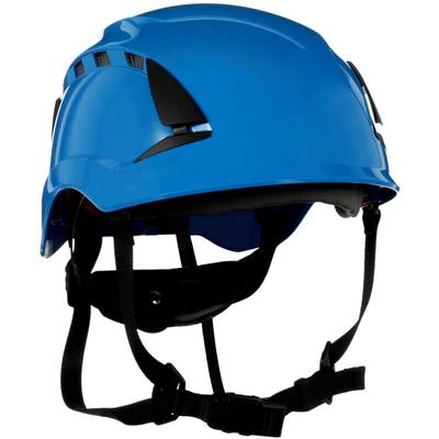 Blue safety helmet with adjustable chin strap and ventilation slots, suitable for construction or safety work.