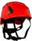 A bright red safety helmet with a black strap system. Designed for safety during work or climbing activities.