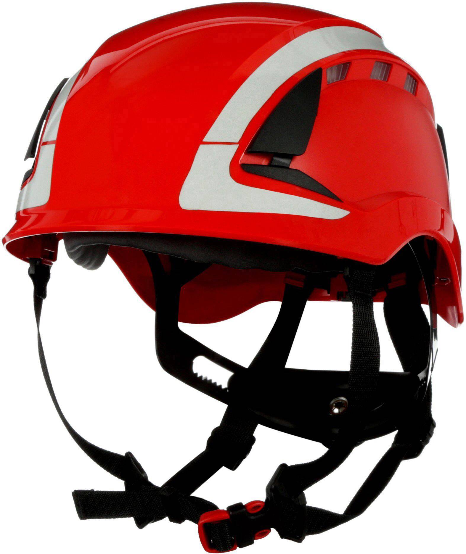Red safety helmet with black chin strap and reflective elements, suitable for safety work or outdoor activities.