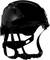 Black safety helmet with adjustable straps, primarily intended for safety purposes in work environments or when cycling.