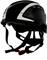 Black bicycle helmet with white stripes, viewed from the side. Adjustable chin strap with red fastener.