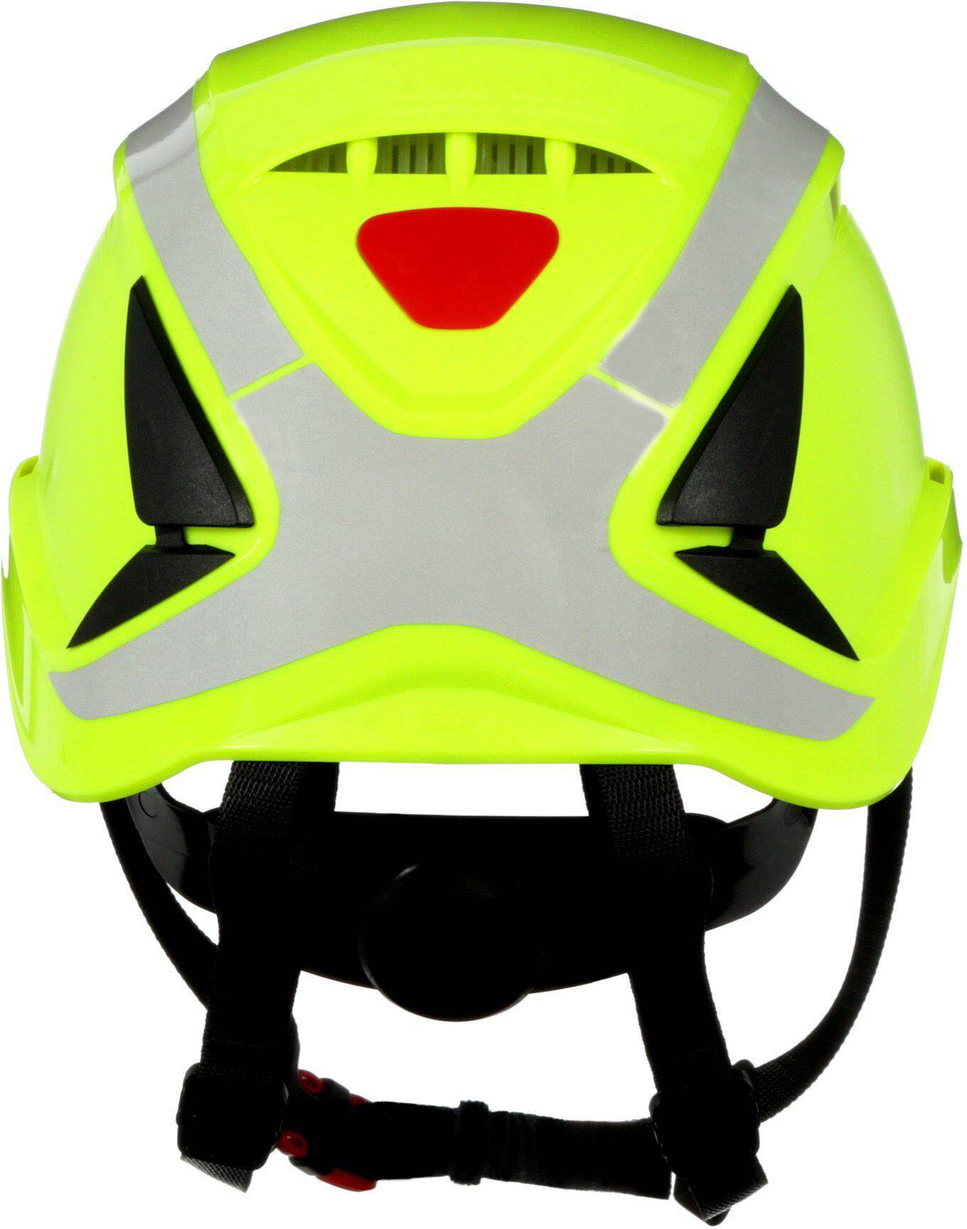 A yellow safety helmet with reflective strips and a red triangle on the front, suitable for safety purposes.