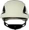 A white safety helmet with a black visor and chin straps, shown from the front, is used for protection during construction or safety work.