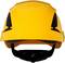 Yellow safety helmet with black chin strap, front view.
