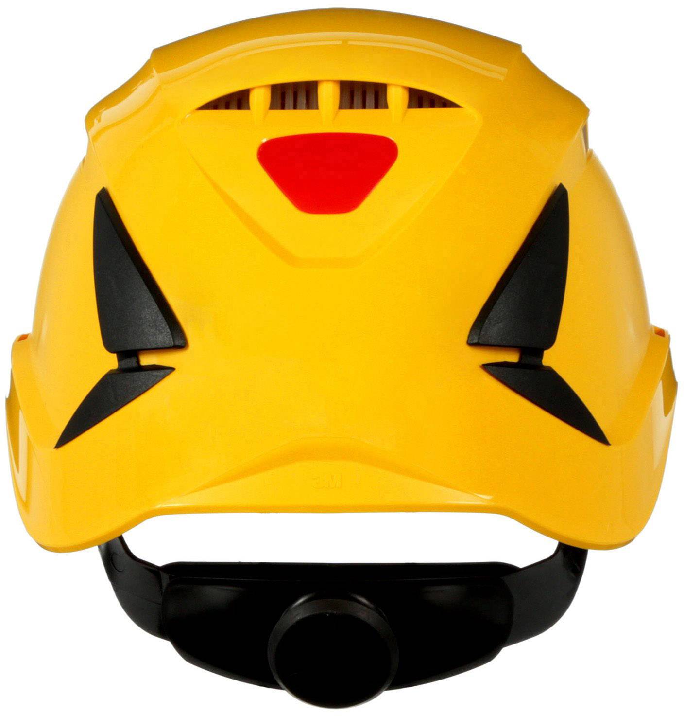 Yellow safety helmet with black details and red insert at the top, front view.