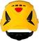 Yellow safety helmet with black details and red insert at the top, front view.