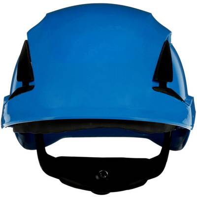 Blue protective helmet with black chin strap, front view.