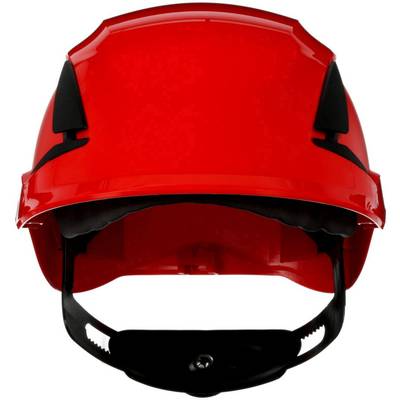 Red safety helmet viewed from the front, with a black chin strap, suitable for construction or safety applications.