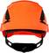 A bright orange safety helmet with a black chin strap, used for safety purposes on construction sites or in industrial settings.