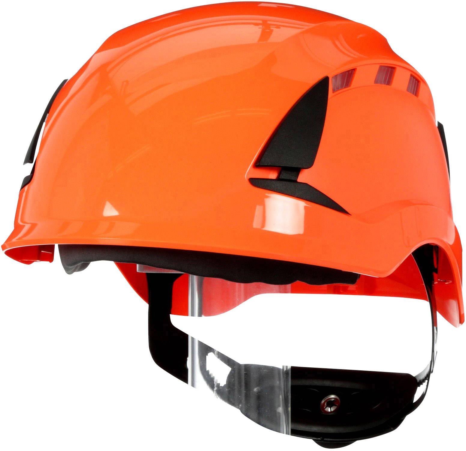 A bright orange safety helmet with a black visor, side ventilation slots, for workplace protection.