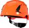 A bright orange safety helmet with a black visor, side ventilation slots, for workplace protection.