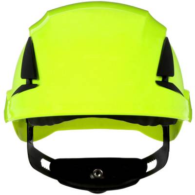 Brightly yellow safety helmet with a black visor, viewed from the front, for workplace safety, such as in the construction industry.