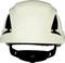 A white safety helmet with a black chin guard and ventilation openings, shown front-facing, against a white background.