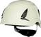 A white safety helmet with black ventilation slots and an adjustable chin strap, suitable for construction work.