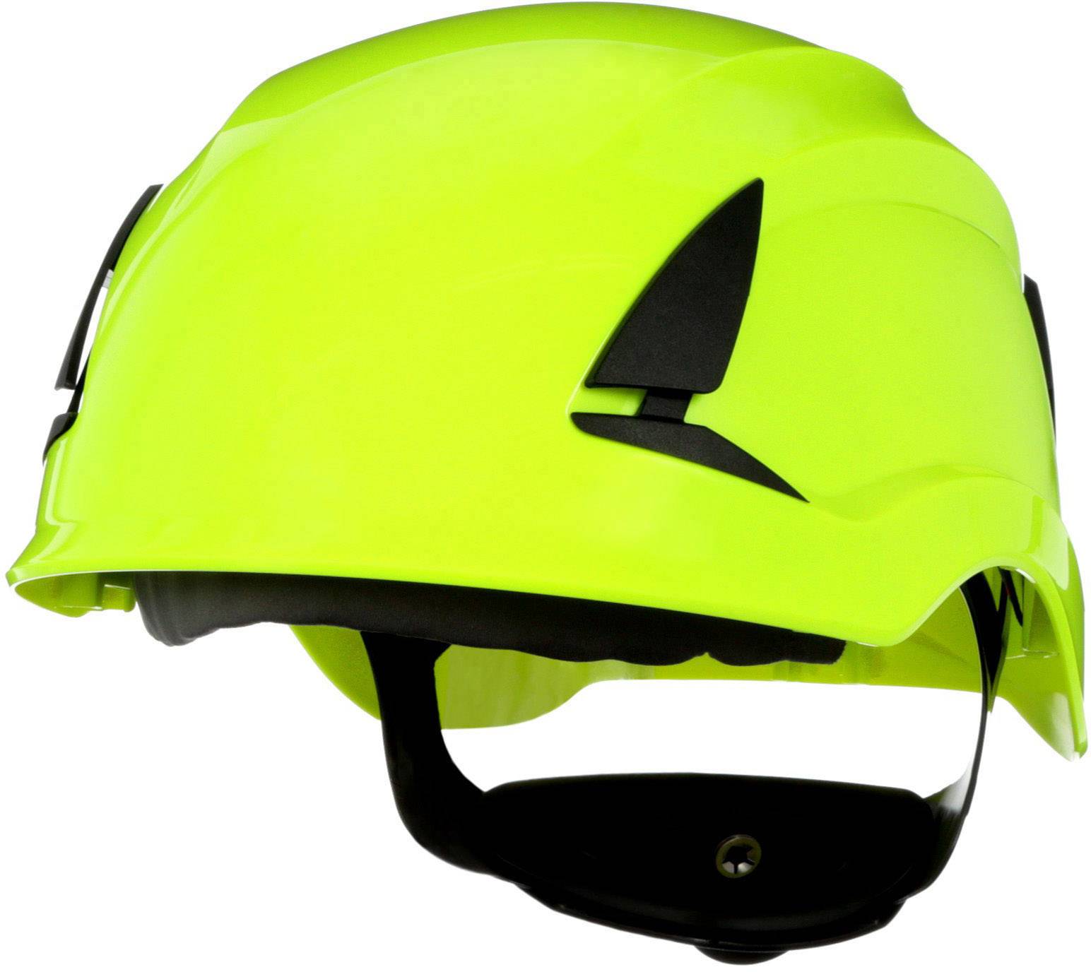 A bright yellow safety helmet with black ventilation openings and an adjustable chin strap, used for safety purposes.