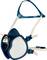 Respiratory mask with a blue frame and white filters, featuring adjustable straps for secure fastening to the head.