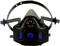 Black respiratory protection mask with blue and grey elements, shown frontally. Adjustable straps for secure fit visible.