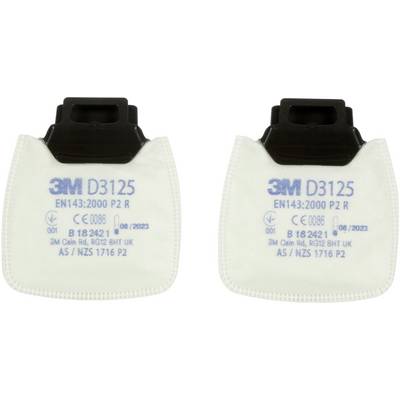 Two 3M D3125 respiratory filters marked 'EN143:2000 P2 R', production date '06/2023', compatible with specific 3M masks.