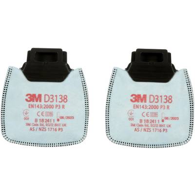 Two blue 3M respiratory filter cartridges D3138 with black attachment clip, marked with EN143:2000 P3 R, production date 06/2023.